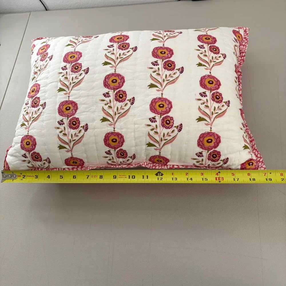 Handmade Kantha Quilted Floral Block Print Reversible Decorative Pillow Cottage